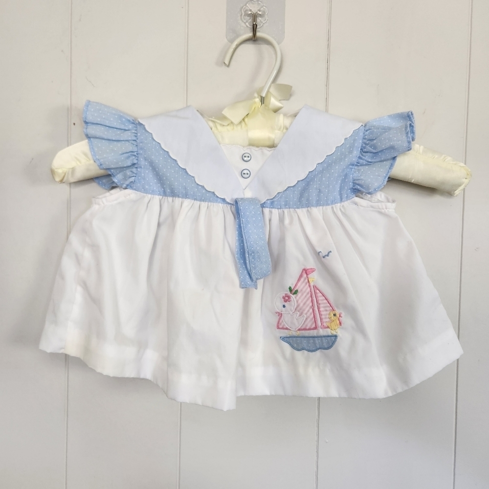 Vintage 80s Baby Girl White Sailboat Dress 1980s Feminine Ruffles Cottagecore